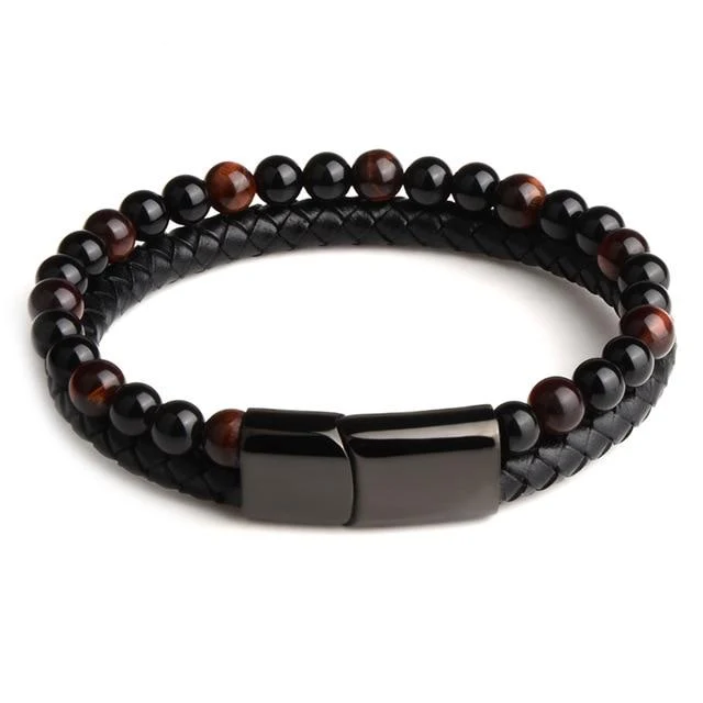 Bracelet Anti-Stress Cuir, Obsidienne Noire et Oeil de Tigre Rouge