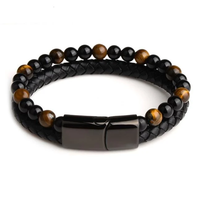 Bracelet Anti-Stress Cuir, Obsidienne Noire et Oeil de Tigre