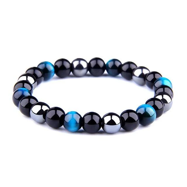 Bracelet Anti-Stress En Oeil de Tigre Bleu, Obsidienne Noire et Hématite