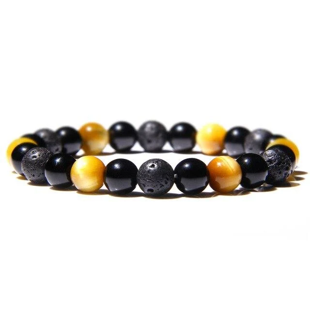 Bracelet Anti-Stress Oeil de Tigre Jaune, Obsidienne Noir et Pierre de Lave