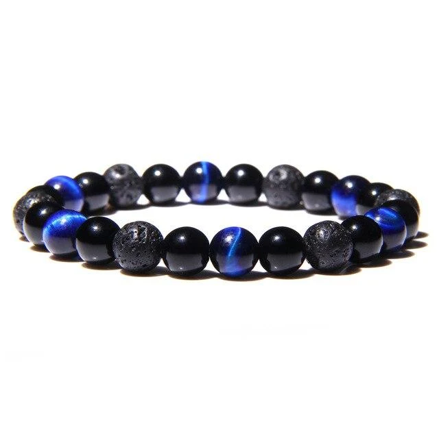 Bracelet Anti-Stress Oeil de Tigre Bleu, Obsidienne Noir et Pierre de Lave