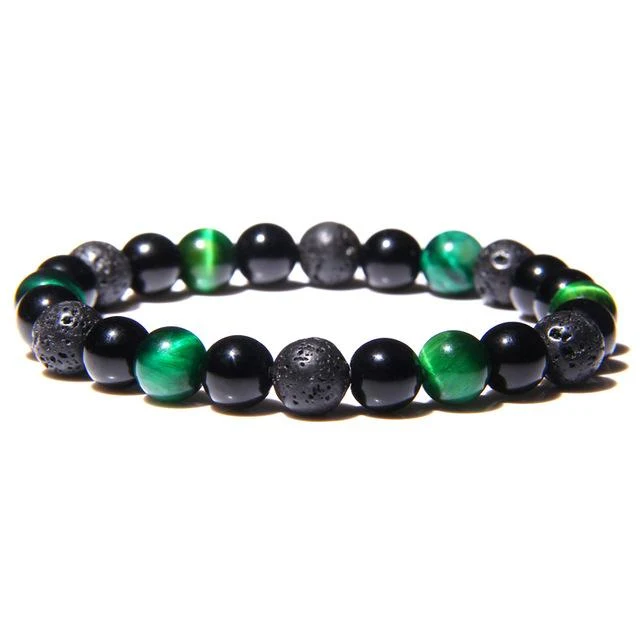 Bracelet Anti-Stress Oeil de Tigre Verte, Obsidienne Noir et Pierre de Lave