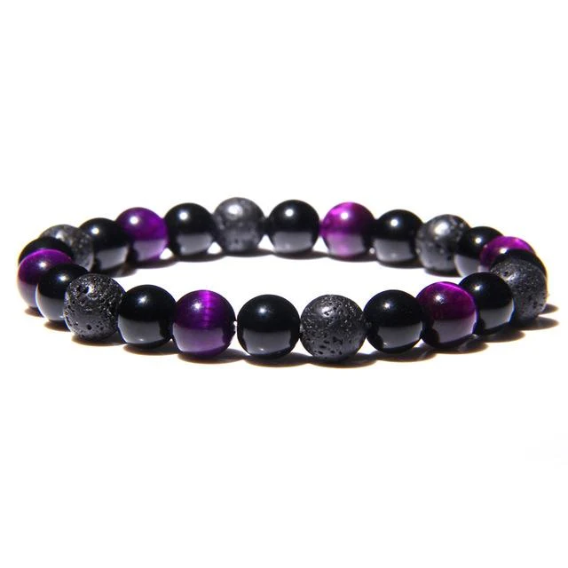 Bracelet Anti-Stress Agate Violette, Obsidienne Noir et Pierre de Lave