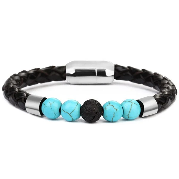 Bracelet Anti-Stress Cuir Tressé Pierre Turquoise