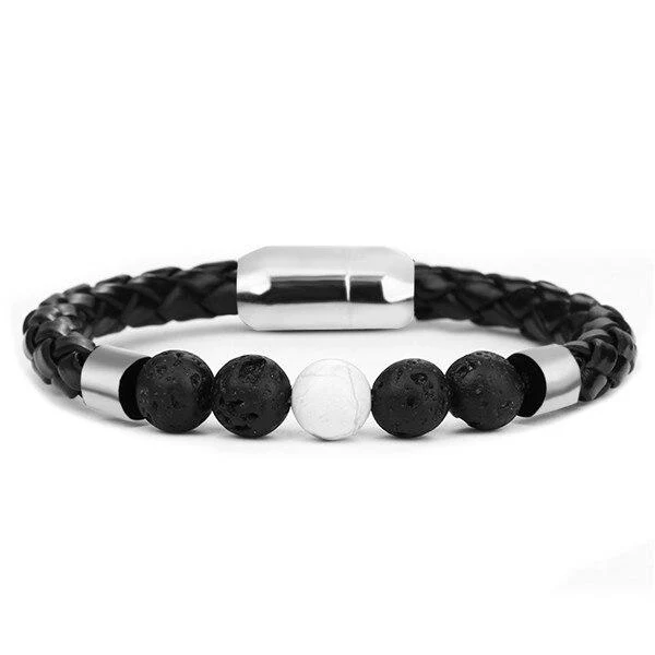 Bracelet Anti-Stress Cuir Tressé Pierre Volcanique et Howlite