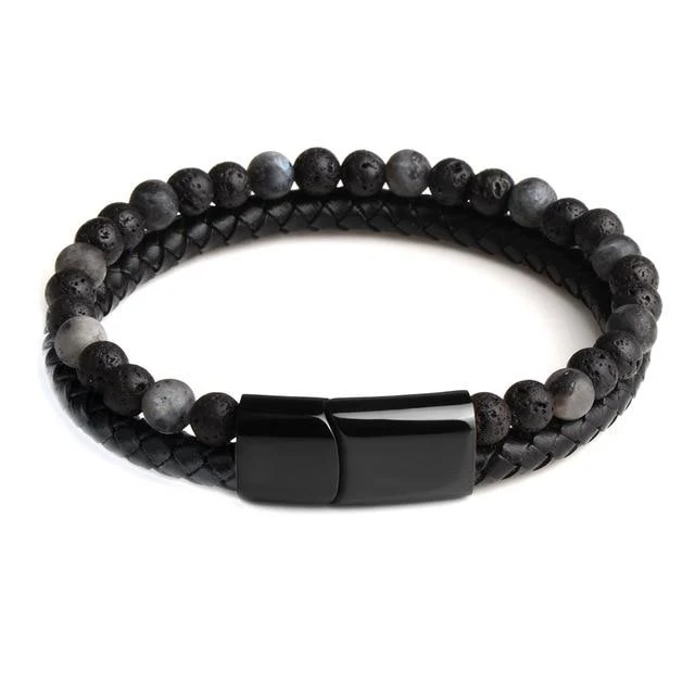 Bracelet Anti-Stress Cuir, Obsidienne Noire et Pierre de Lave