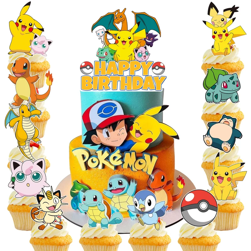 Set di decorazioni per torte di compleanno Pokemon Pikachu Happy Birthday con 25 pezzi per compleanno di bambini