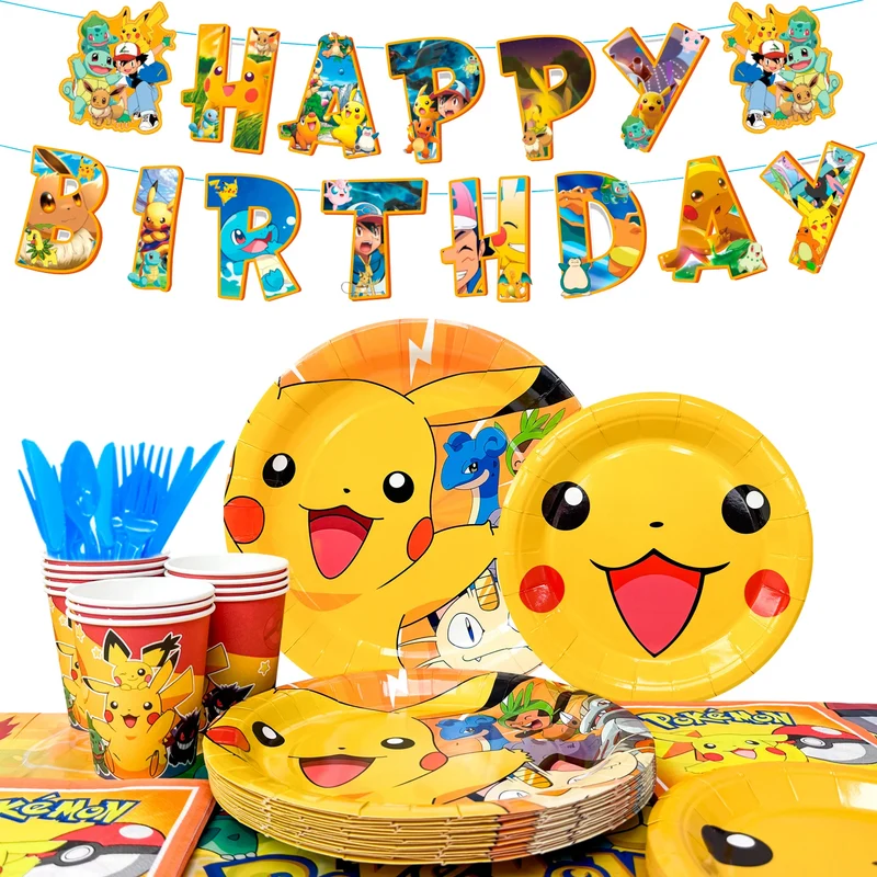 Set di compleanno per bambini a tema Pikachu con piatti, bicchieri, striscione e molto altro. 114 pezzi