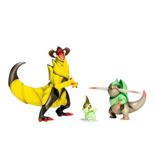 Set di personaggi Pokémon con Milza Axew, Sharfax Fraxure e Maxax Haxorus (circa 2-11 cm)