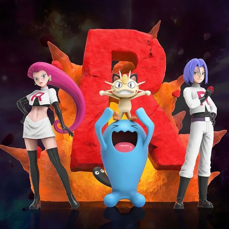 Set di personaggi del Team Rocket con Jessie, James, Meowth e Wobbuffet