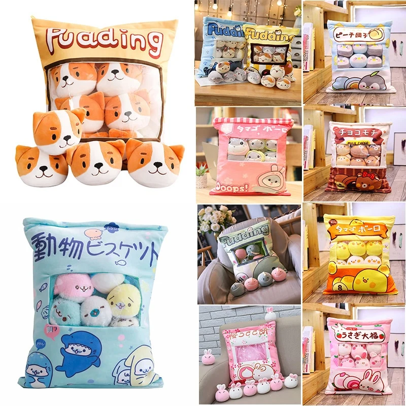 Cuscino / borsa con 8 personaggi di peluche - molti motivi