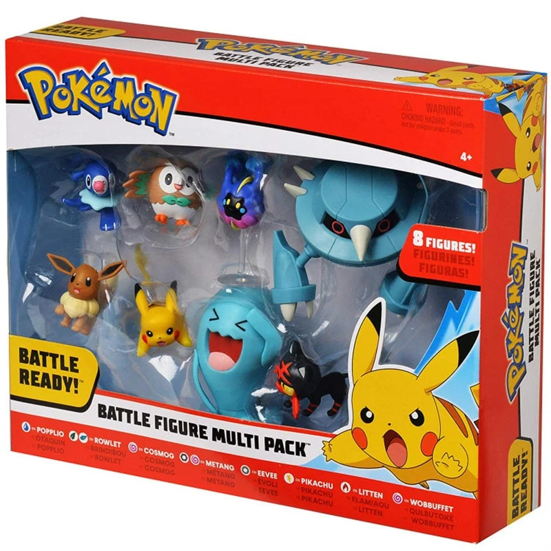 Pokemon Battle Set con personaggi Pikachu, Robball, Bauz, Cosmog, Metang, Evoli, Flamiau e Woingenau